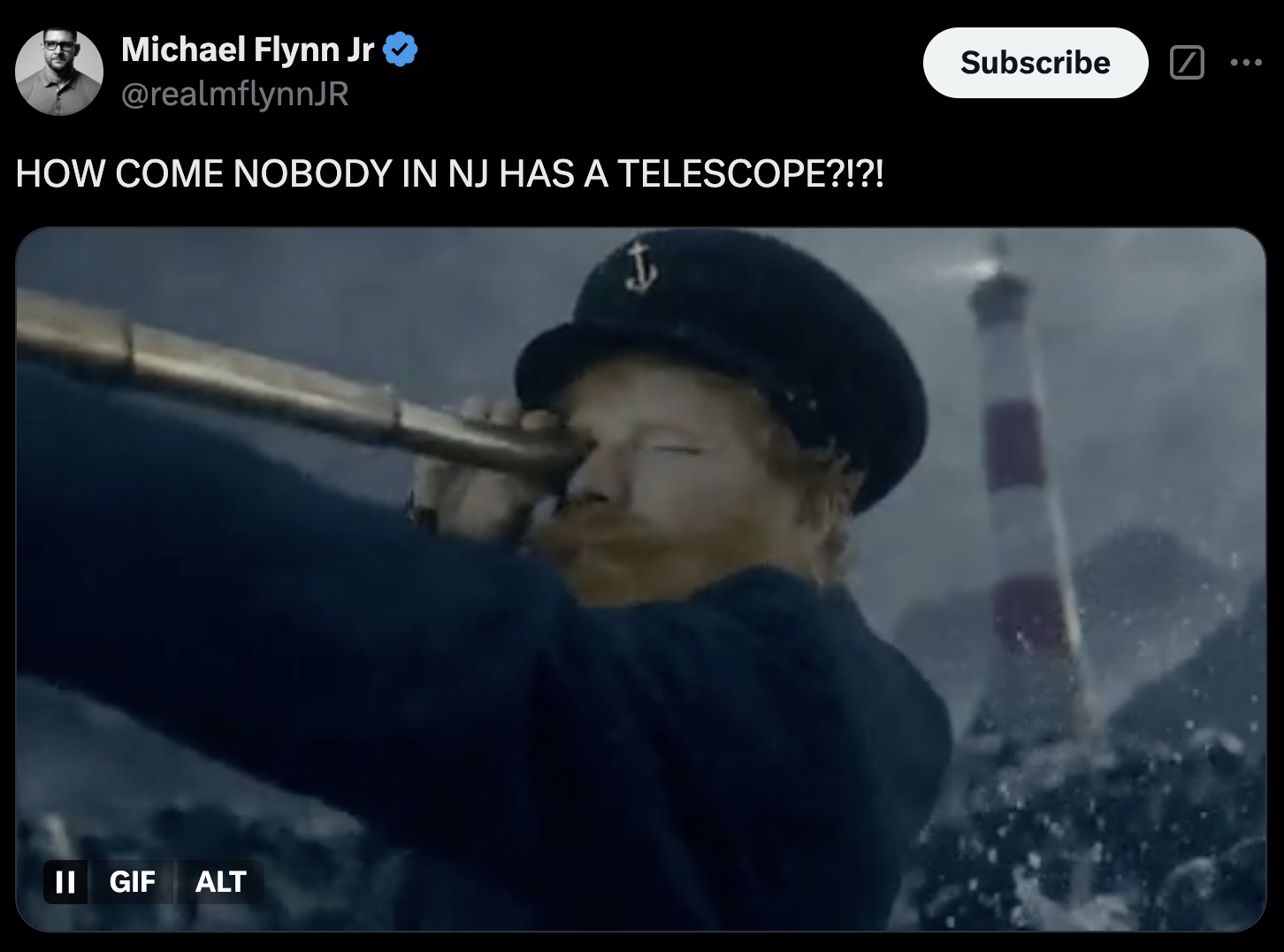 screenshot - Michael Flynn Jr How Come Nobody In Nj Has A Telescope?!?! Ii Gif Alt Subscribe